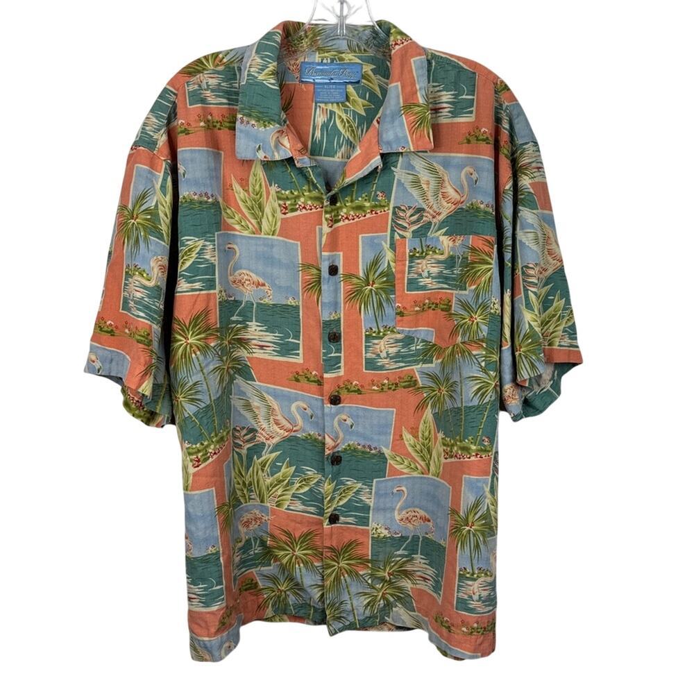 Bermuda Bay 100% Silk Hawaiian Shirt Floral Tropical Print Peach Blue Men's XL